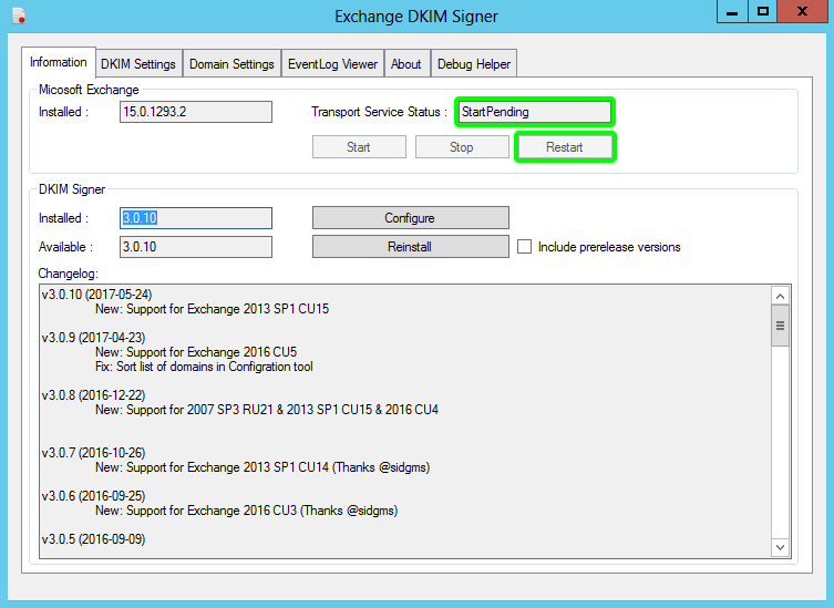 Exchange DKIM Signer restart Exchange Transport Service