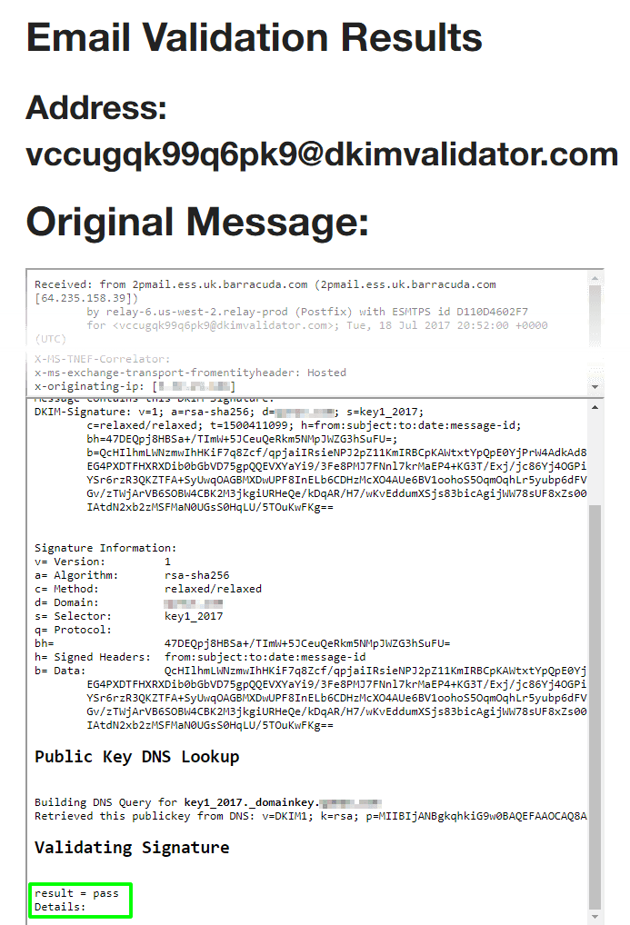 DKIM Email Validator results